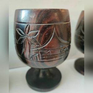 Set of 4 Hand Carved Dark Wood Tiki Goblets